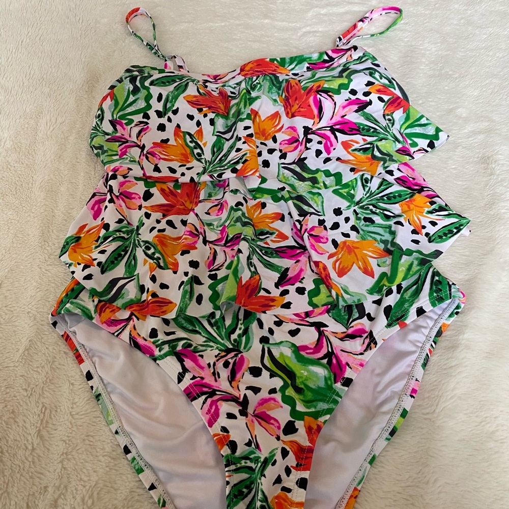 Caribbean Joe Ruffle One-Piece Swimsuit - White with Multicolor Floral Print